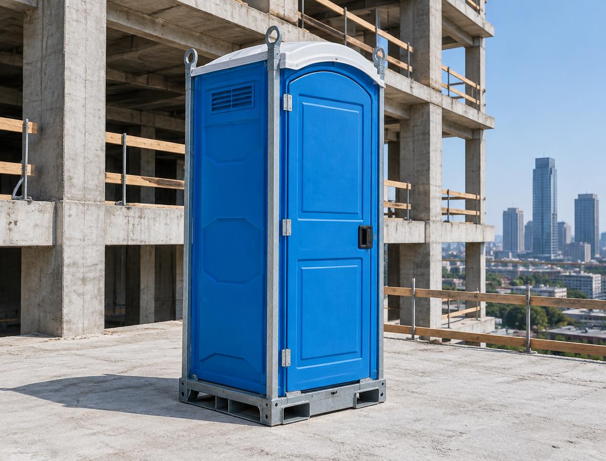 High-rise portable toilet with reinforced lifting frame at construction site