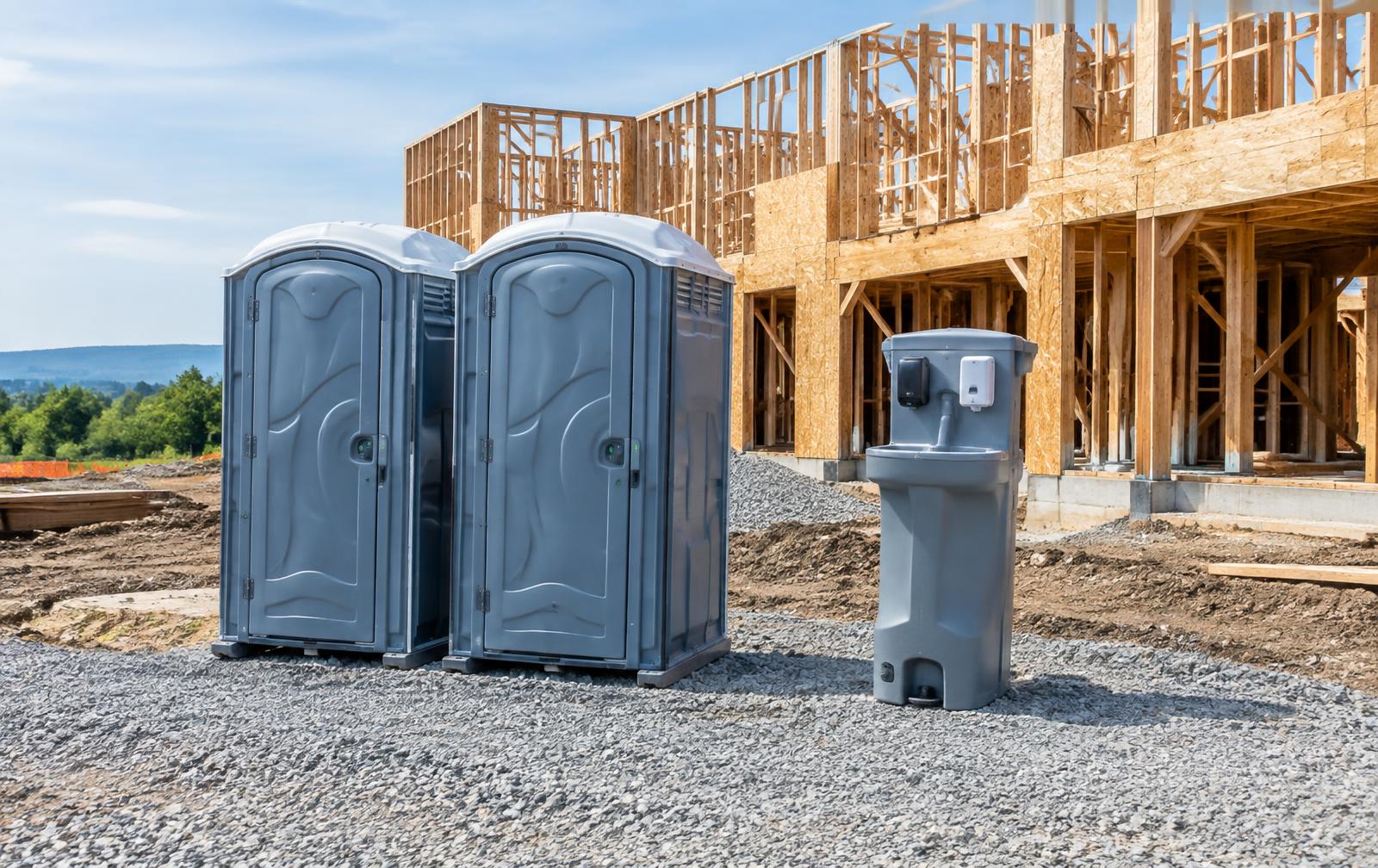 Portable toilets and handwashing station beside a construction site
